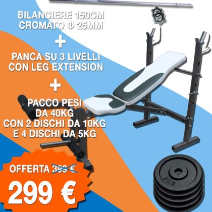 Kit Completo Panca Richiudibile + Bilanciere 150 cm + 40 Kg Dischi in Ghisa