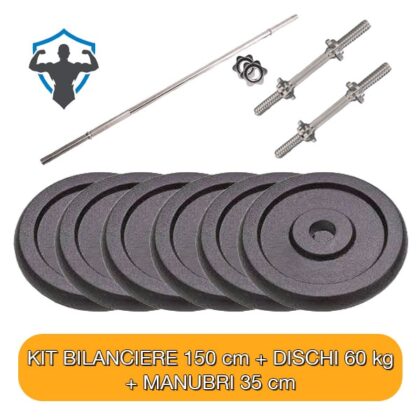 Kit Bilanciere 150 cm, Manubri e Dischi Pesi in ghisa 60 kg