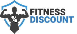 Fitness Discount logo: blue shield with a muscular silhouette and a percent sign, beside the words FITNESS DISCOUNT.