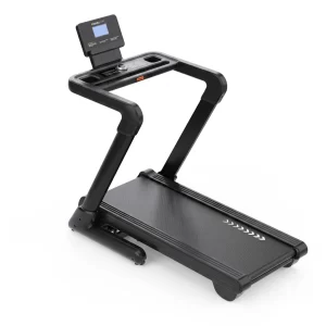 Compact home treadmill with a digital display and handlebars, black frame and textured running belt