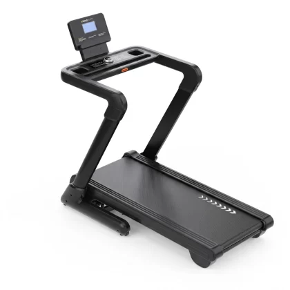 Compact home treadmill with a digital display and handlebars, black frame and textured running belt