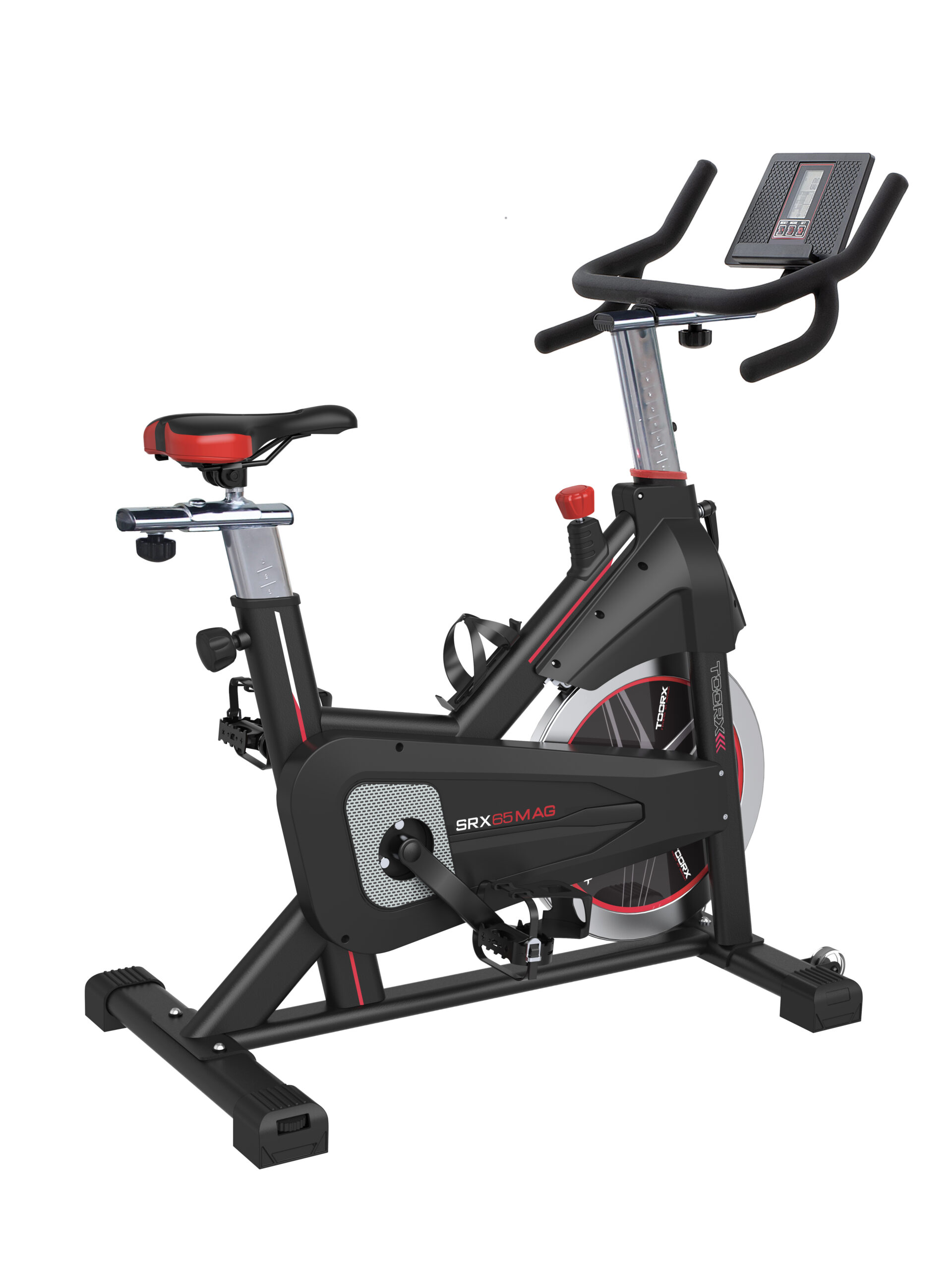 Indoor stationary bike with a digital console, curved padded handlebars, and a black/red frame.