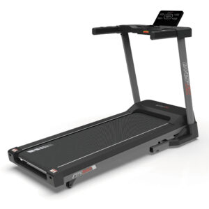 Black treadmill with a raised digital console at the rear, viewed from a front-right angle, showing two side rails and a textured belt.
