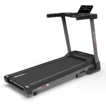 Black treadmill with a raised digital console at the rear, viewed from a front-right angle, showing two side rails and a textured belt.