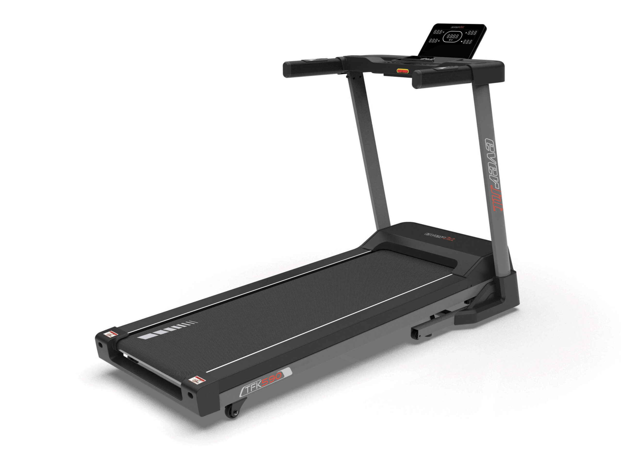 Black treadmill with a raised digital console at the rear, viewed from a front-right angle, showing two side rails and a textured belt.