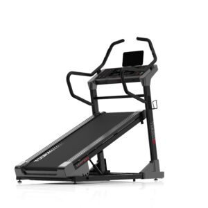 Black treadmill with a central console and two curved front-handrails, shown on a white background, ready for use in a gym setting