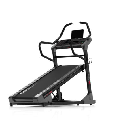 Black treadmill with a central console and two curved front-handrails, shown on a white background, ready for use in a gym setting