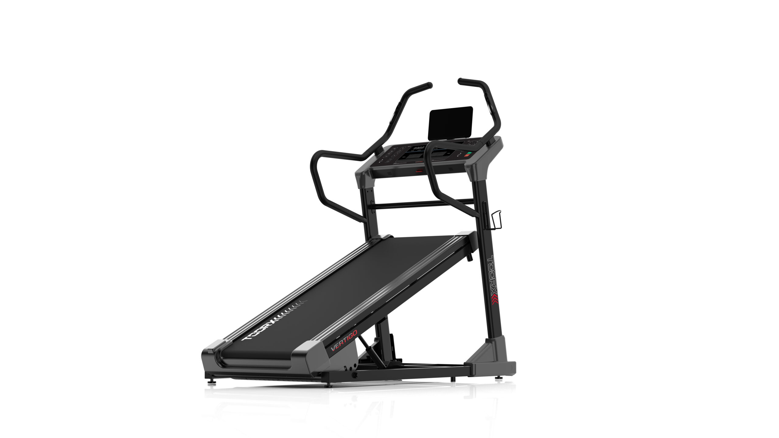 Black treadmill with a central console and two curved front-handrails, shown on a white background, ready for use in a gym setting