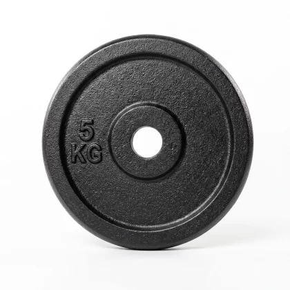Black 5 kg weight plate with a central hole, used for barbells or weightlifting