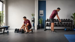 Man in a maroon shirt kneels by adjustable dumbbells on the floor, preparing for a workout in a bright home gym.