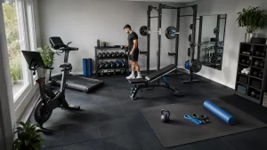 Man in black athletic wear stands by a bench and lifts a dumbbell in a compact home gym.