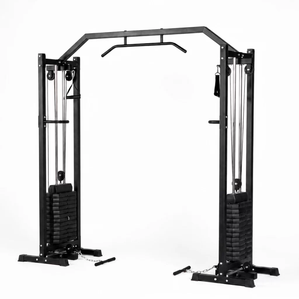 Dual-stack functional trainer with adjustable pulley columns and a top bar for barbell exercises.